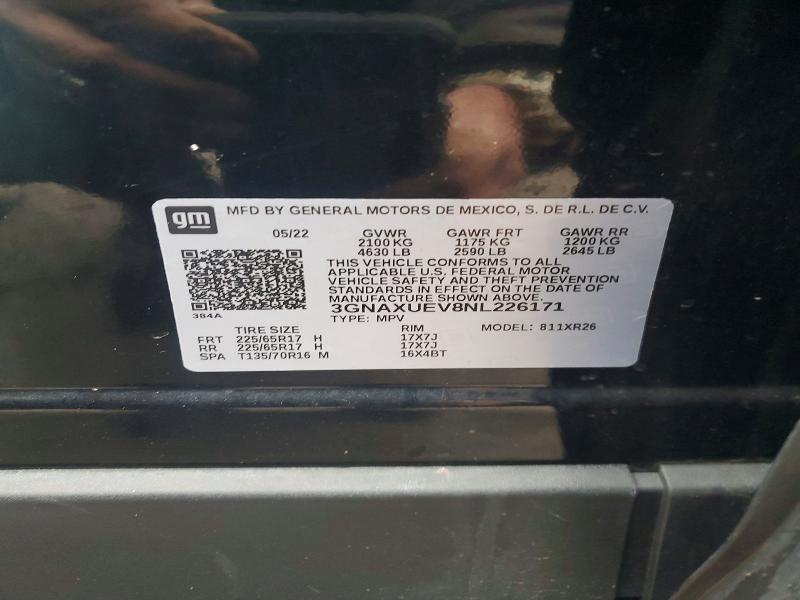 Auction sale of the 2022 Chevrolet Equinox, vin: 3GNAXUEV8NL226171, lot number: 72853135