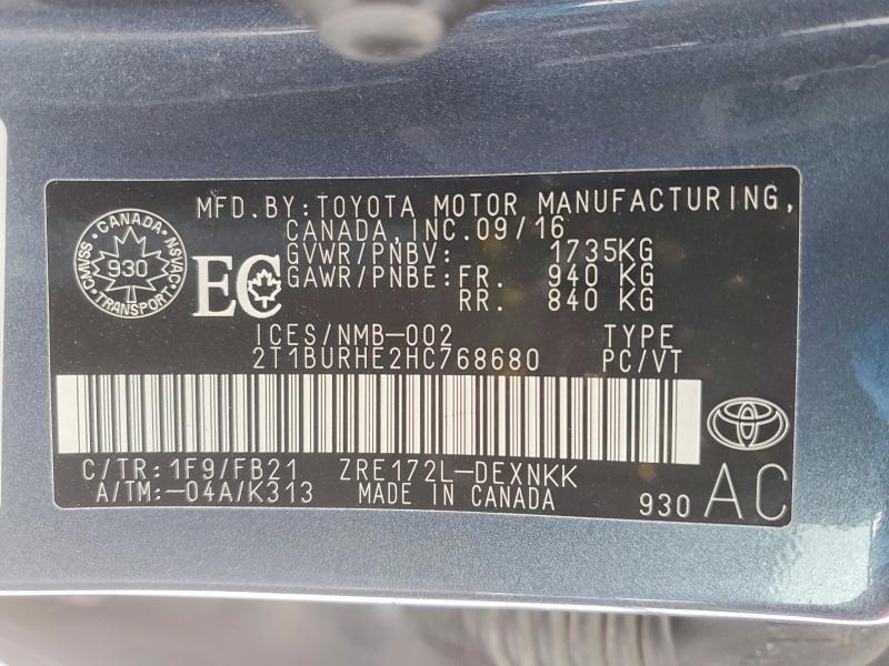 Продаж на аукціоні авто 2017 Toyota Corolla, vin: 2T1BURHE2HC768680, номер лоту: 72731575