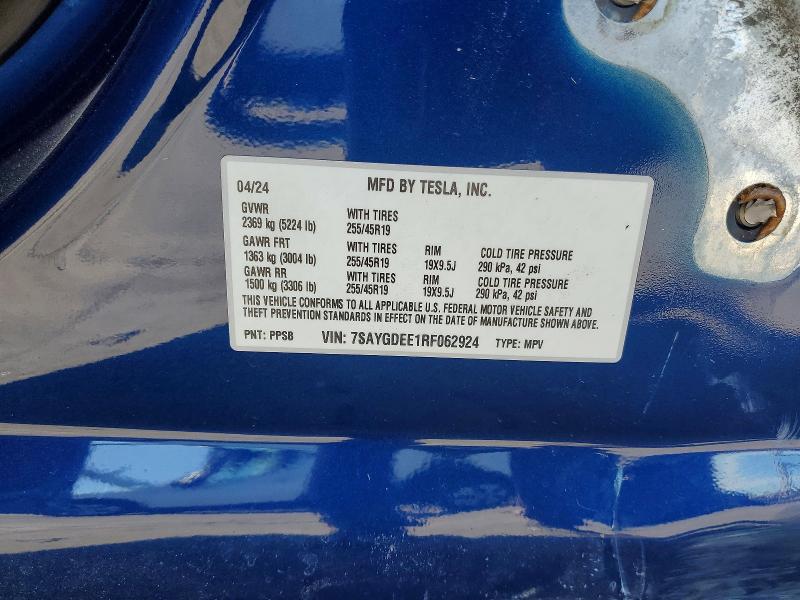 2024 Tesla Model Y მანქანა იყიდება აუქციონზე, vin: 7SAYGDEE1RF062924, აუქციონის ნომერი: 72892925