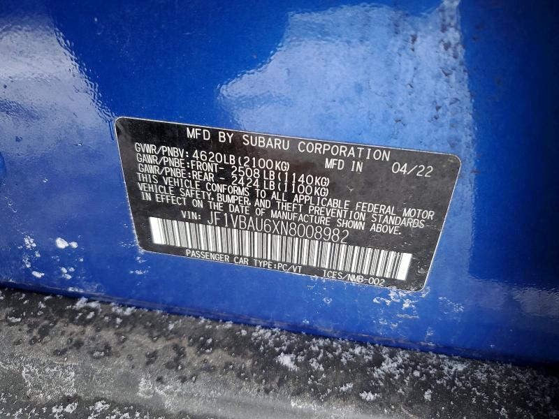 2022 Subaru Wrx მანქანა იყიდება აუქციონზე, vin: JF1VBAU6XN8008982, აუქციონის ნომერი: 97895155