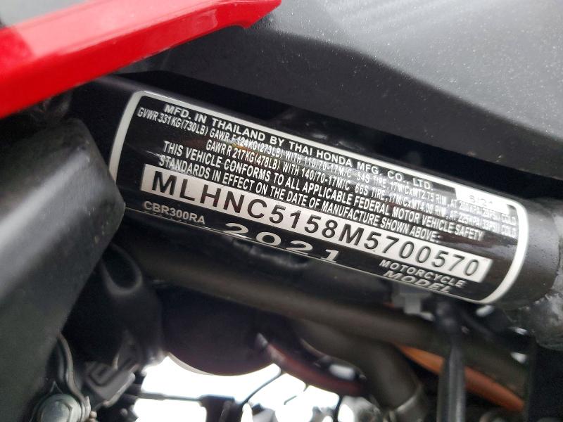 Aukcja sprzedaży 2021 Honda Cbr300, vin: MLHNC5158M5700570, numer aukcji: 72867925