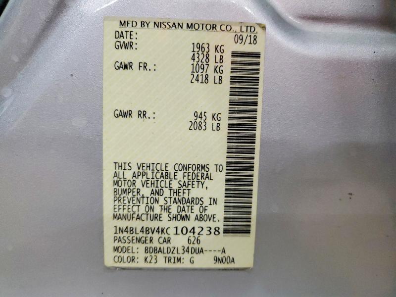 Aukcja sprzedaży 2019 Nissan Altima S, vin: 1N4BL4BV4KC104238, numer aukcji: 73087965