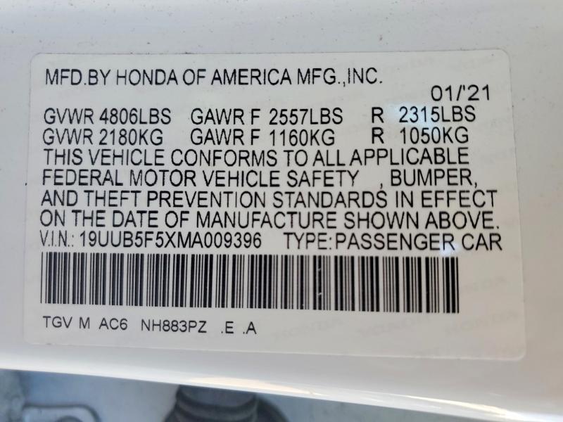 98665845 :رقم المزاد ، 19UUB5F5XMA009396 vin ، 2021 Acura Tlx مزاد بيع