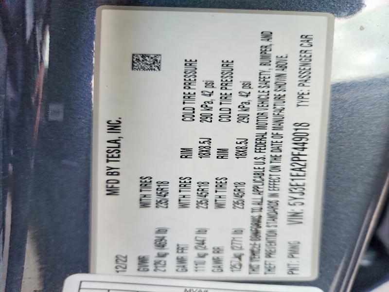 Продаж на аукціоні авто 2023 Tesla Model 3, vin: 5YJ3E1EA2PF449018, номер лоту: 45881096