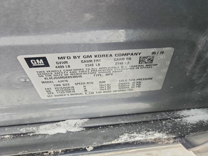74363675 :رقم المزاد ، KL4CJGSM5KB938046 vin ، 2019 Buick Encore مزاد بيع