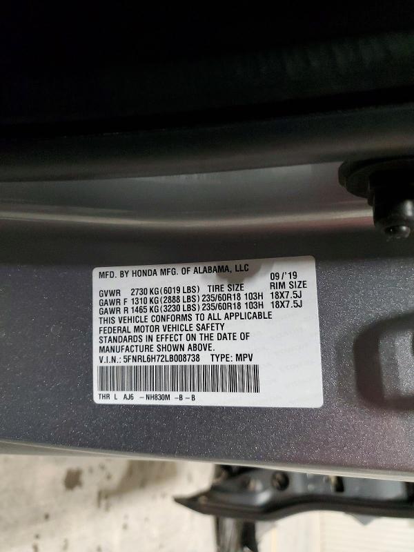2020 Honda Odyssey მანქანა იყიდება აუქციონზე, vin: 5FNRL6H72LB008738, აუქციონის ნომერი: 75084215