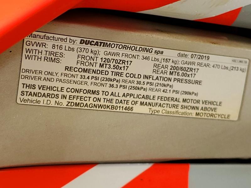73626755 :رقم المزاد ، ZDMDAGNW0KB011466 vin ، 2019 Ducati Panigale مزاد بيع