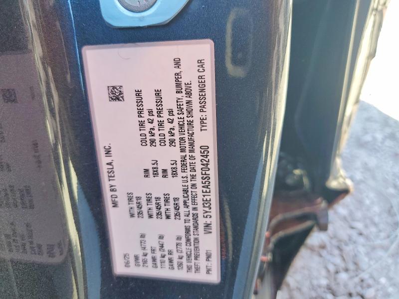 2025 Tesla Model 3 მანქანა იყიდება აუქციონზე, vin: 5YJ3E1EA5SF042450, აუქციონის ნომერი: 73984955