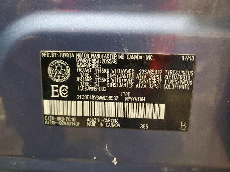 2010 Toyota Rav4 მანქანა იყიდება აუქციონზე, vin: 2T3BF4DV3AW039537, აუქციონის ნომერი: 73881945