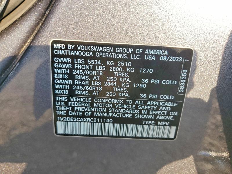 98763925 :رقم المزاد ، 1V2DE2CAXRC211140 vin ، 2024 Volkswagen Atlas Cross Sport مزاد بيع
