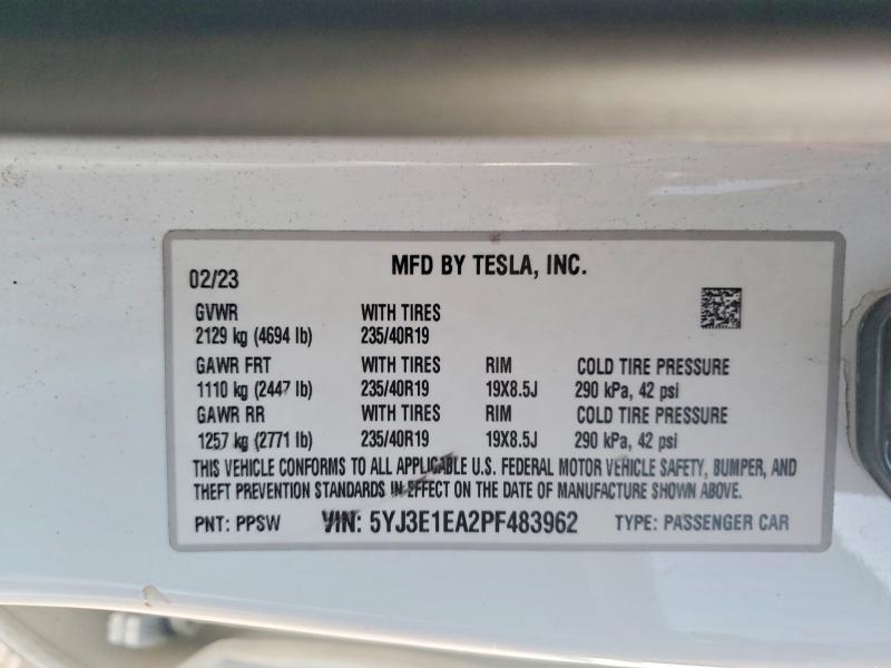 Продаж на аукціоні авто 2023 Tesla Model 3, vin: 5YJ3E1EA2PF483962, номер лоту: 75046235