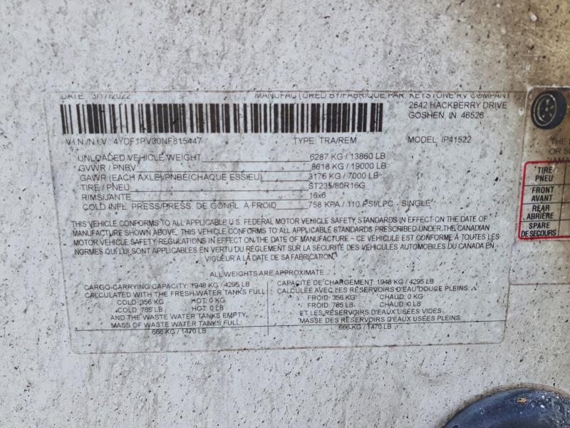 Продаж на аукціоні авто 2022 Dutchman Impact, vin: 4YDF1PV30NF815447, номер лоту: 46962506