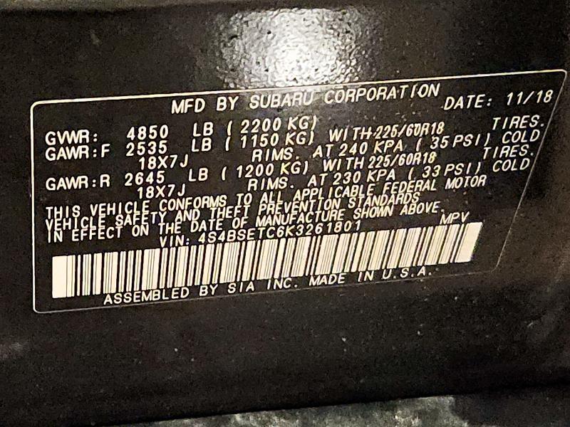 72845665 :رقم المزاد ، 4S4BSETC6K3261801 vin ، 2019 Subaru Outback مزاد بيع
