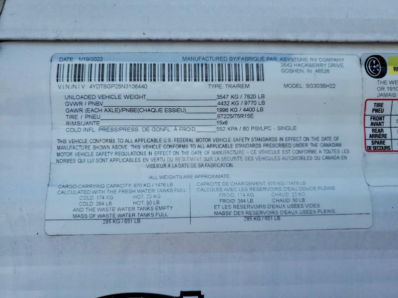 74420605 :رقم المزاد ، 4YDTSGP25N3106440 vin ، 2022 Keystone Springdale مزاد بيع