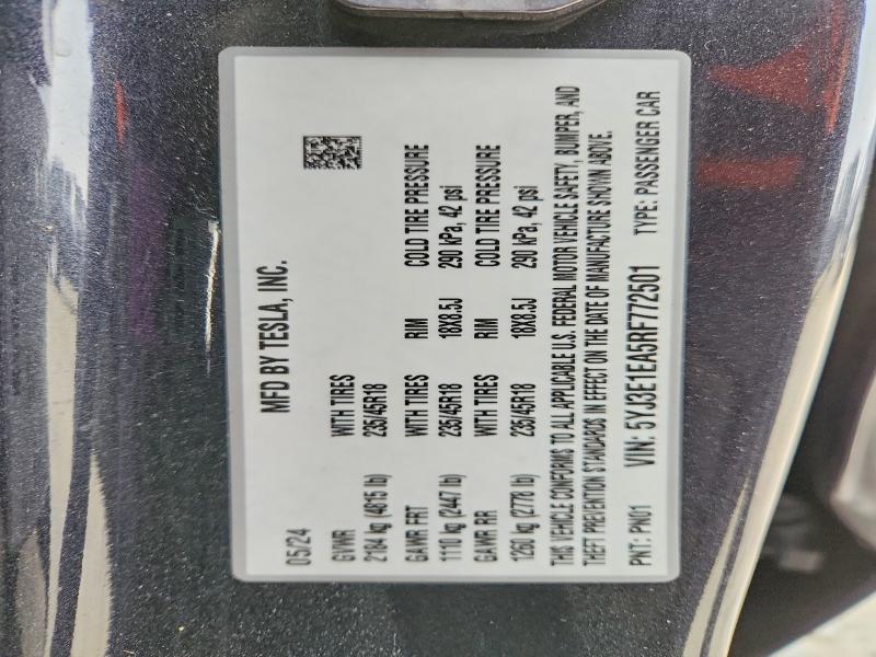 Aukcja sprzedaży 2024 Tesla Model 3, vin: 5YJ3E1EA5RF772501, numer aukcji: 99337455