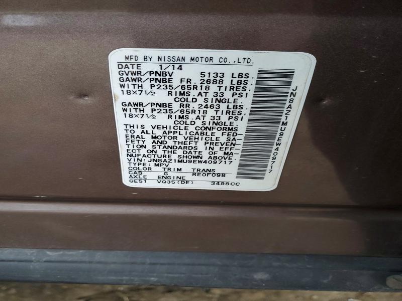 98757445 :رقم المزاد ، JN8AZ1MU9EW409717 vin ، 2014 Nissan Murano مزاد بيع