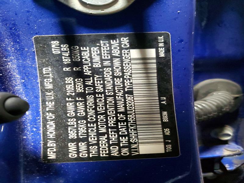 98657155 :رقم المزاد ، SHHFK7H58JU232067 vin ، 2018 Honda Civic مزاد بيع