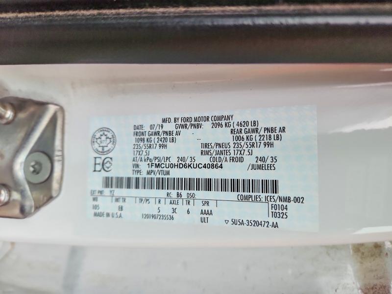 Продажа на аукционе авто 2019 Ford Escape, vin: 1FMCU0HD6KUC40864, номер лота: 74207595