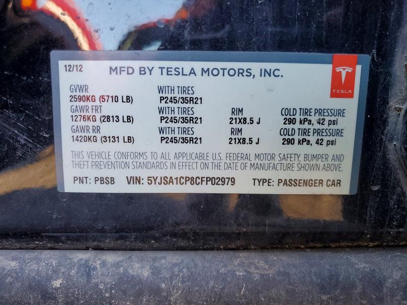 2012 Tesla Model S მანქანა იყიდება აუქციონზე, vin: 5YJSA1CP8CFP02979, აუქციონის ნომერი: 95692995