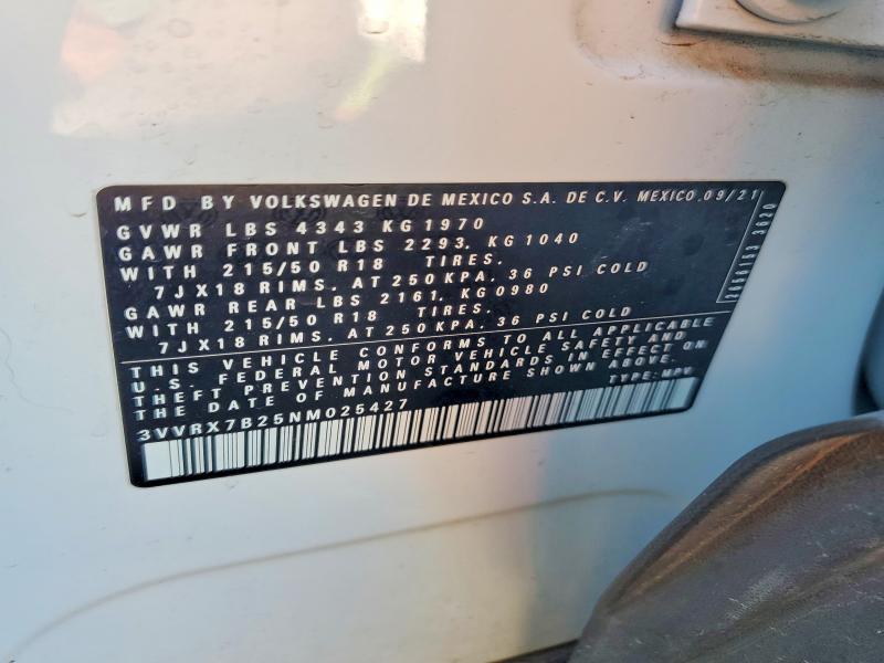 72633085 :رقم المزاد ، 3VVRX7B25NM025427 vin ، 2022 Volkswagen Taos Se مزاد بيع