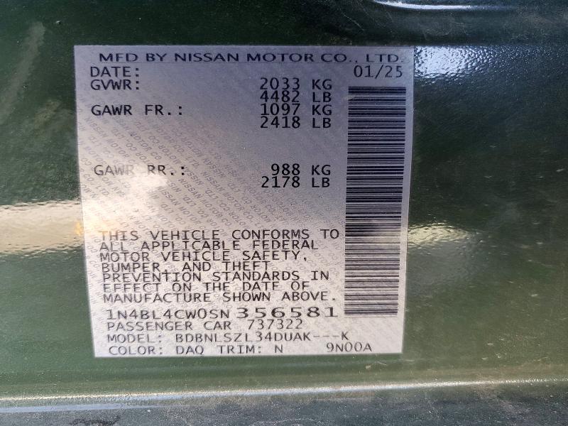 Aukcja sprzedaży 2025 Nissan Altima, vin: 1N4BL4CW0SN356581, numer aukcji: 73945865
