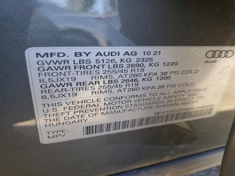 Aukcja sprzedaży 2022 Audi Q3, vin: WA1DECF36N1046692, numer aukcji: 73538365