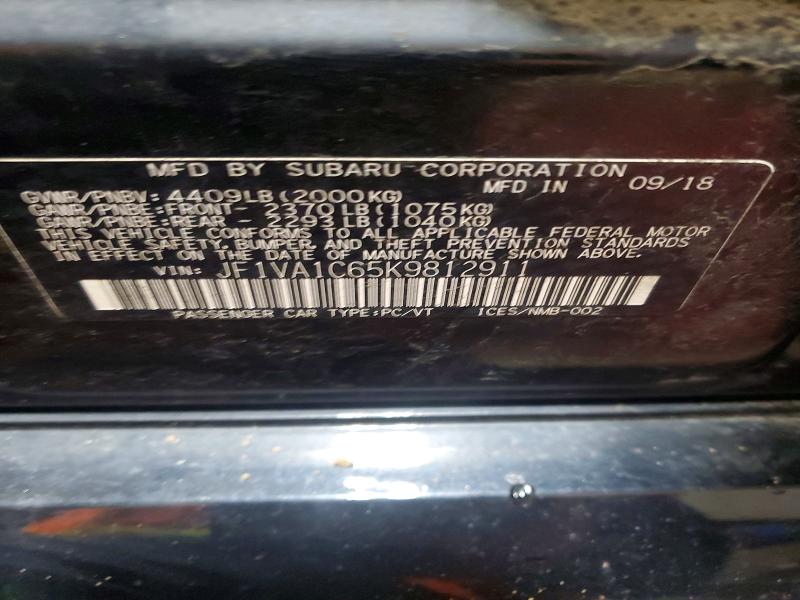 2019 Subaru Wrx მანქანა იყიდება აუქციონზე, vin: JF1VA1C65K9812911, აუქციონის ნომერი: 73218105