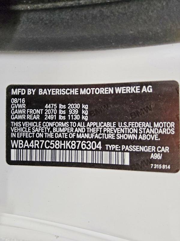 2017 Bmw 430i მანქანა იყიდება აუქციონზე, vin: WBA4R7C58HK876304, აუქციონის ნომერი: 73201865