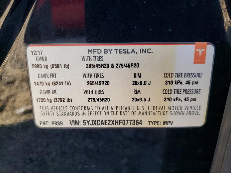 Продажа на аукционе авто 2017 Tesla Model X, vin: 5YJXCAE2XHF077364, номер лота: 72217125