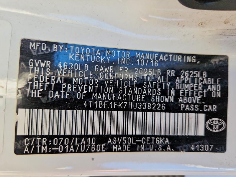 73948965 :رقم المزاد ، 4T1BF1FK7HU338226 vin ، 2017 Toyota Camry مزاد بيع