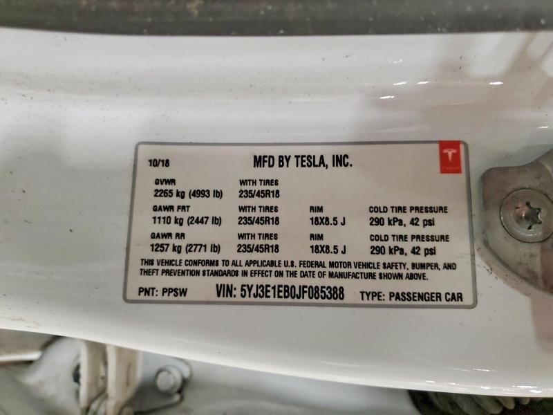 Продаж на аукціоні авто 2018 Tesla Model 3, vin: 5YJ3E1EB0JF085388, номер лоту: 72870005