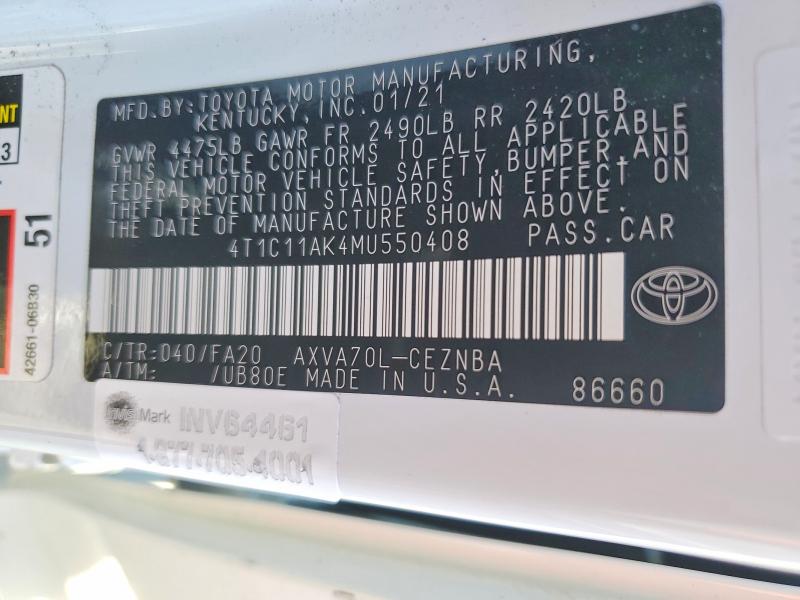 2021 Toyota Camry მანქანა იყიდება აუქციონზე, vin: 4T1C11AK4MU550408, აუქციონის ნომერი: 72495615