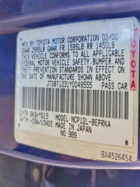 97101435 :رقم المزاد ، JTDBT1231Y0049555 vin ، 2000 Toyota Echo مزاد بيع
