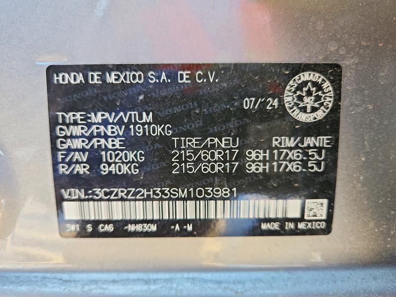 Aukcja sprzedaży 2025 Honda Hr-v, vin: 3CZRZ2H33SM103981, numer aukcji: 99458155