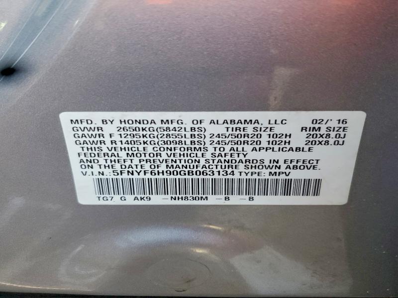 98704655 :رقم المزاد ، 5FNYF6H90GB063134 vin ، 2016 Honda Pilot Tour مزاد بيع