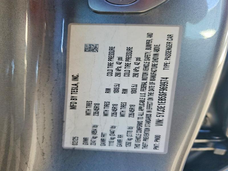 Продаж на аукціоні авто 2025 Tesla Model 3, vin: 5YJ3E1EB5SF969974, номер лоту: 73002485
