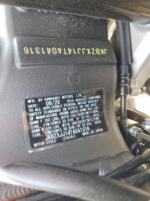 99776905 :رقم المزاد ، JKBZXJJ14TA041316 vin ، 2026 Kawasaki Zx636 K مزاد بيع