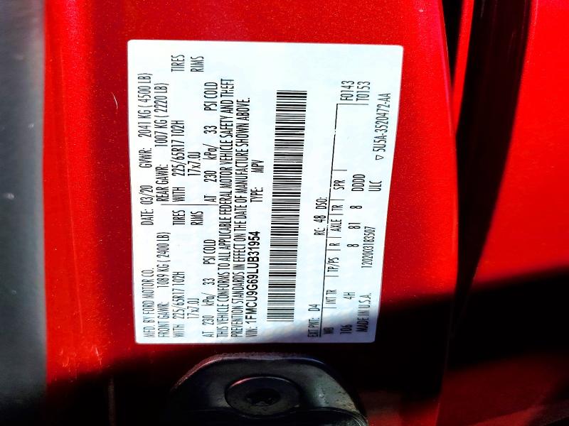 2020 Ford Escape მანქანა იყიდება აუქციონზე, vin: 1FMCU9G69LUB31954, აუქციონის ნომერი: 79117285