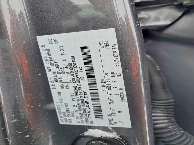 2021 Ford F150 მანქანა იყიდება აუქციონზე, vin: 1FTFW1E87MFC87191, აუქციონის ნომერი: 73546665
