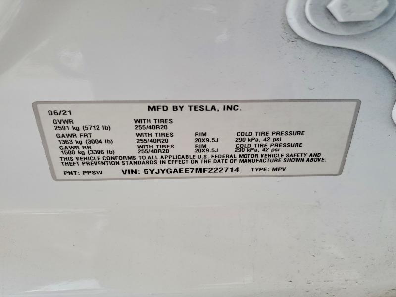 Продажа на аукционе авто 2021 Tesla Model Y, vin: 5YJYGAEE7MF222714, номер лота: 98437715