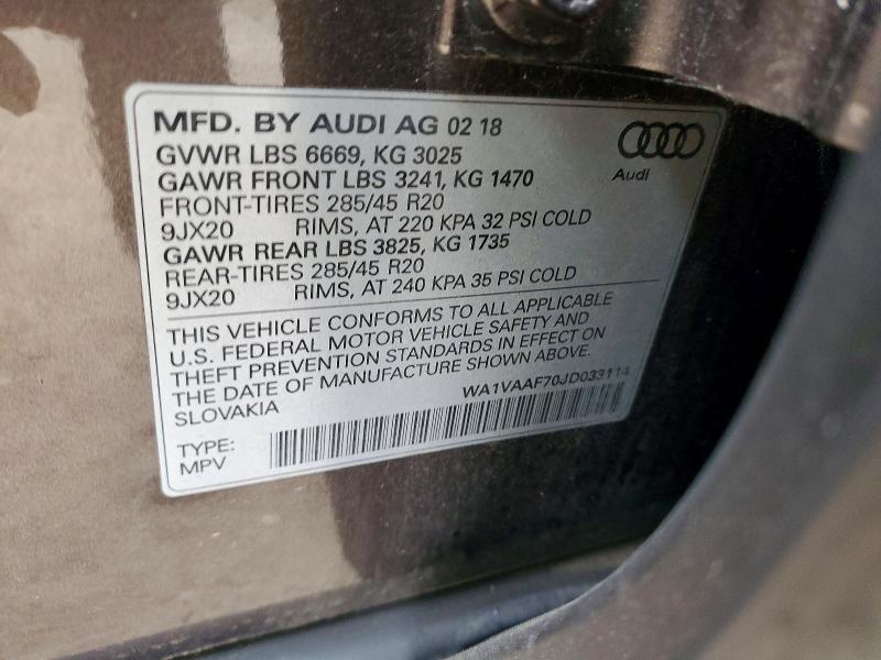 Продажа на аукционе авто 2018 Audi Q7, vin: WA1VAAF70JD033114, номер лота: 99459055