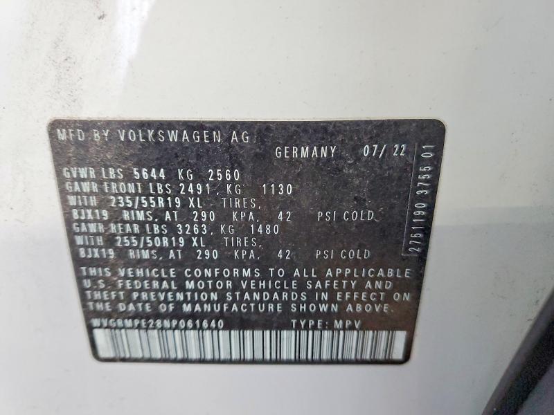 73480545 :رقم المزاد ، WVGRMPE28NP061640 vin ، 2022 Volkswagen Id.4 مزاد بيع