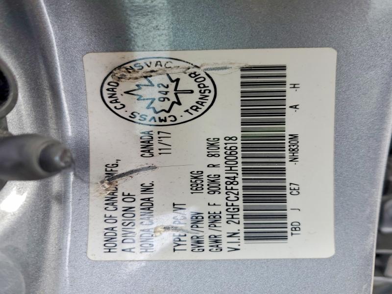 73210255 :رقم المزاد ، 2HGFC2F84JH006618 vin ، 2018 Honda Civic مزاد بيع