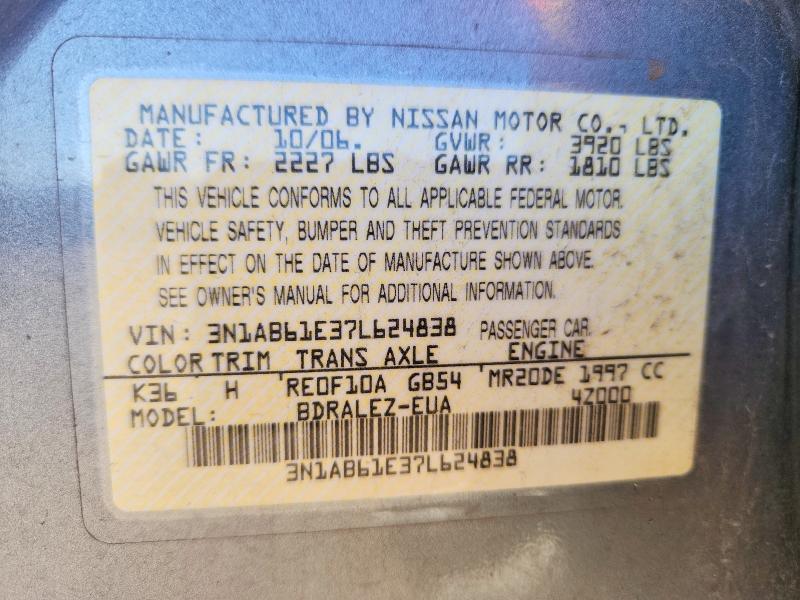 2007 Nissan Sentra მანქანა იყიდება აუქციონზე, vin: 3N1AB61E37L624838, აუქციონის ნომერი: 73819595