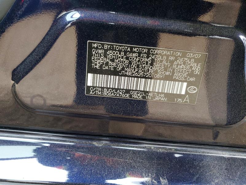99388645 :رقم المزاد ، JTHBE262572010891 vin ، 2007 Lexus Is 350 مزاد بيع