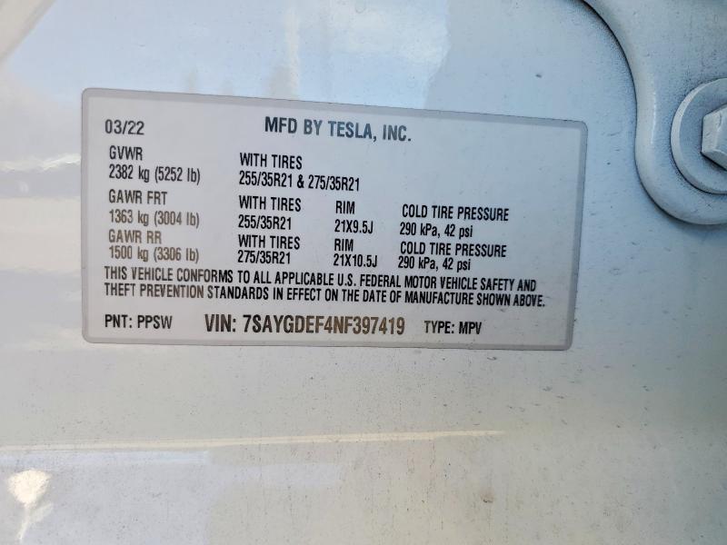 72423085 :رقم المزاد ، 7SAYGDEF4NF397419 vin ، 2022 Tesla Model Y مزاد بيع