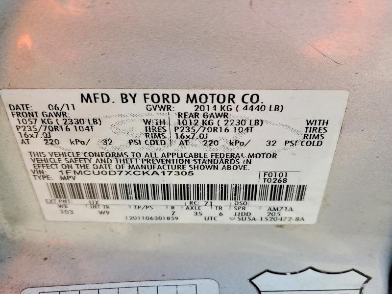 Aukcja sprzedaży 2012 Ford Escape, vin: 1FMCU0D7XCKA17305, numer aukcji: 74577725