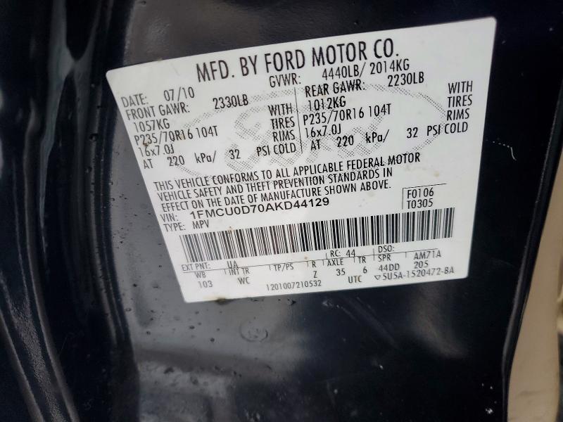 99089335 :رقم المزاد ، 1FMCU0D70AKD44129 vin ، 2010 Ford Escape مزاد بيع