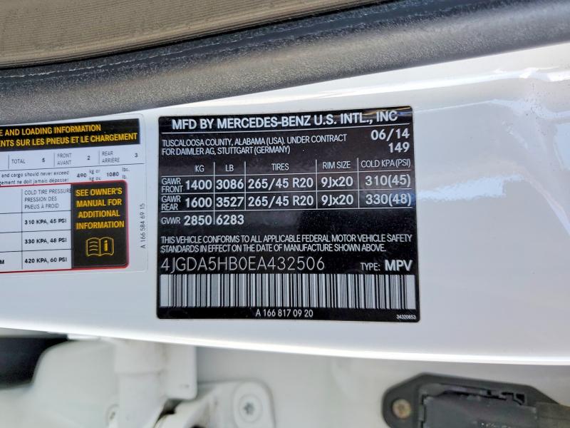 Продаж на аукціоні авто 2014 Mercedes-benz Ml 350 4ma, vin: 4JGDA5HB0EA432506, номер лоту: 97891075