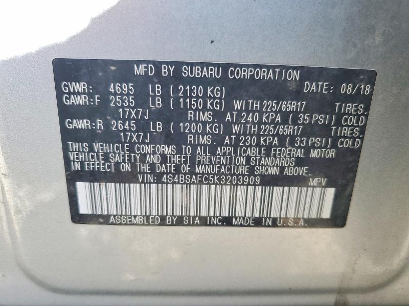 Aukcja sprzedaży 2019 Subaru Outback, vin: 4S4BSAFC5K3203909, numer aukcji: 74213355